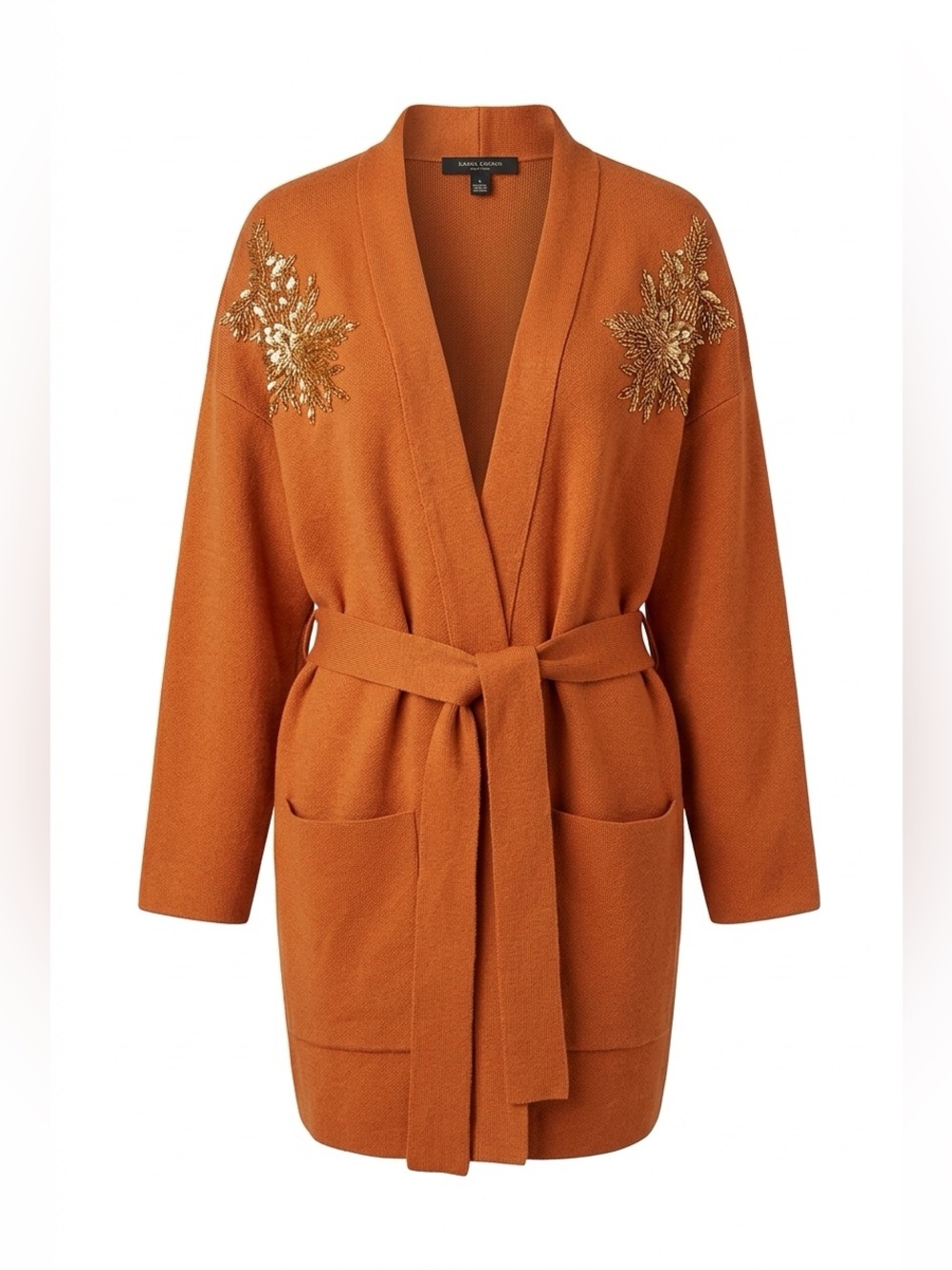Embellished Rust Knit Wrap Robe with Belt